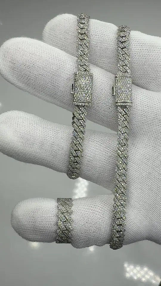 Iced-out white gold Cuban link chain, bracelet and ring